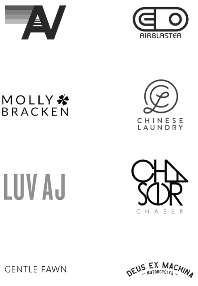 Eight logos in a grid for companies that use Blastramp multi-channel inventory management software, including AirBlaster, Molly Bracken, Chinese Laundry, LUV AJ, Gentle Fawn, Deus Ex Machina.