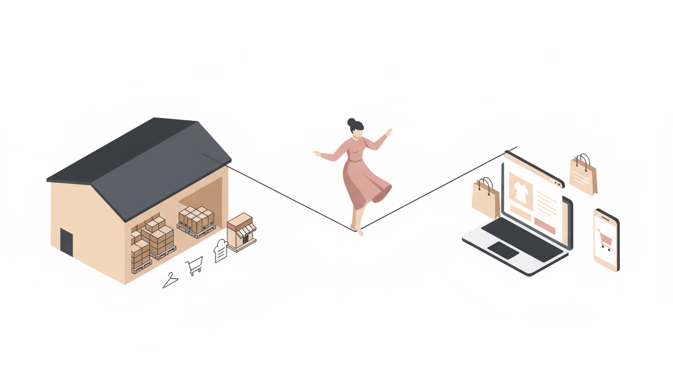 Fashion brand owner balancing on a tightrope between wholesale retailers and D2C Shopify customers.