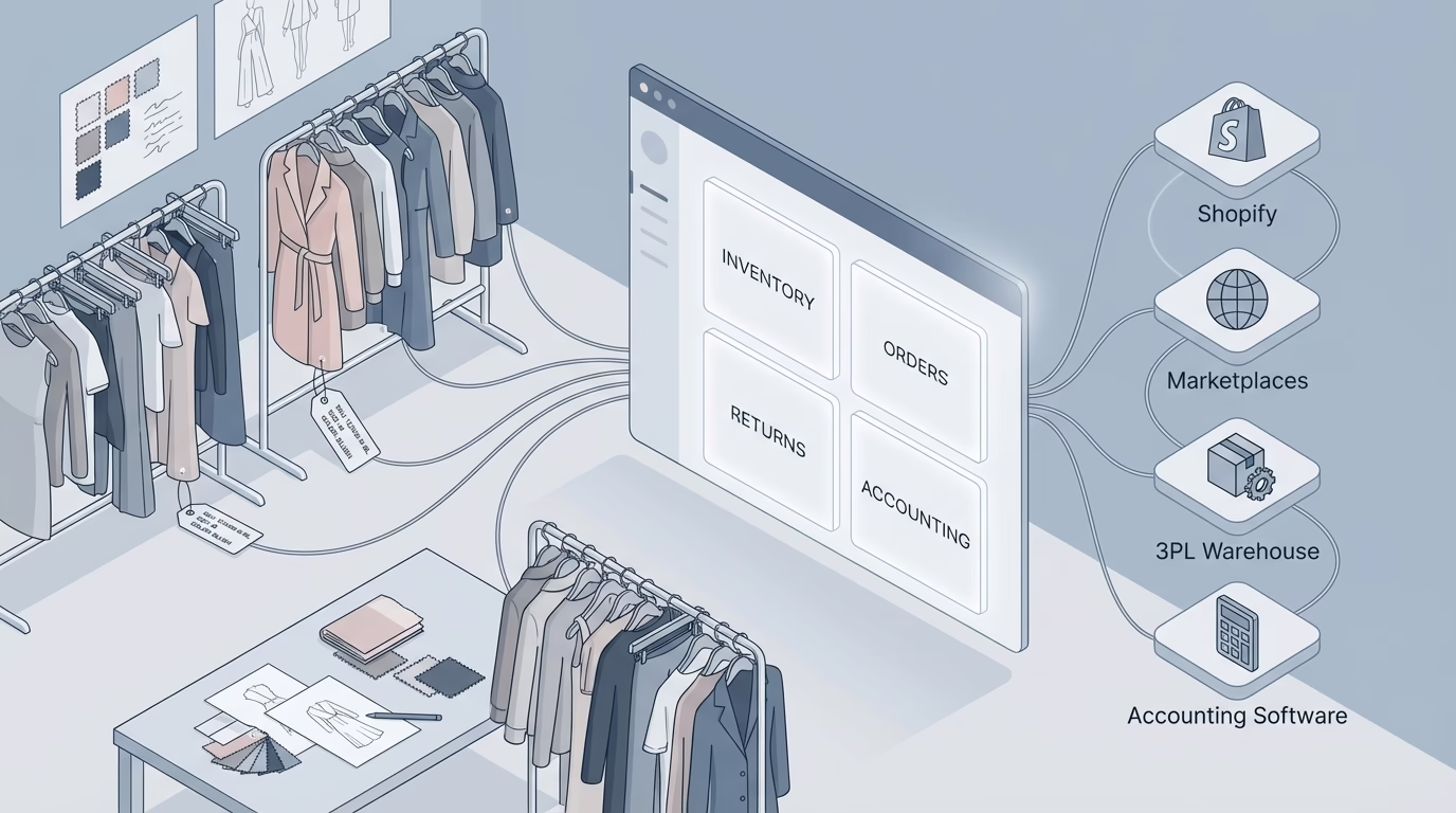 ERP dashboard connecting fashion inventory, orders, returns, and accounting across ecommerce, 3PL, and marketplaces.