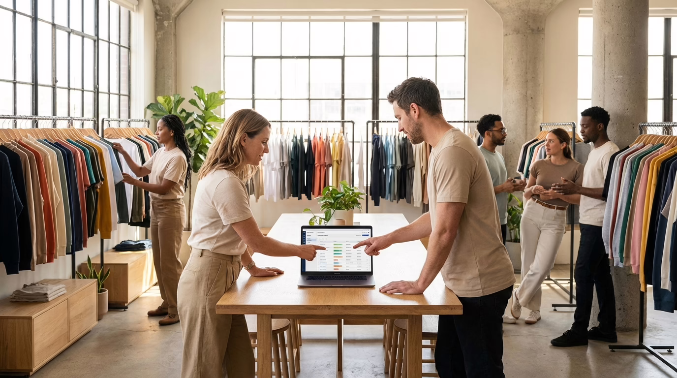Apparel brand team reviewing wholesale inventory dashboard in a modern showroom.