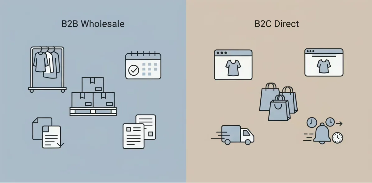 Comparison infographic showing B2B wholesale vs B2C direct inventory flows for a fashion brand.