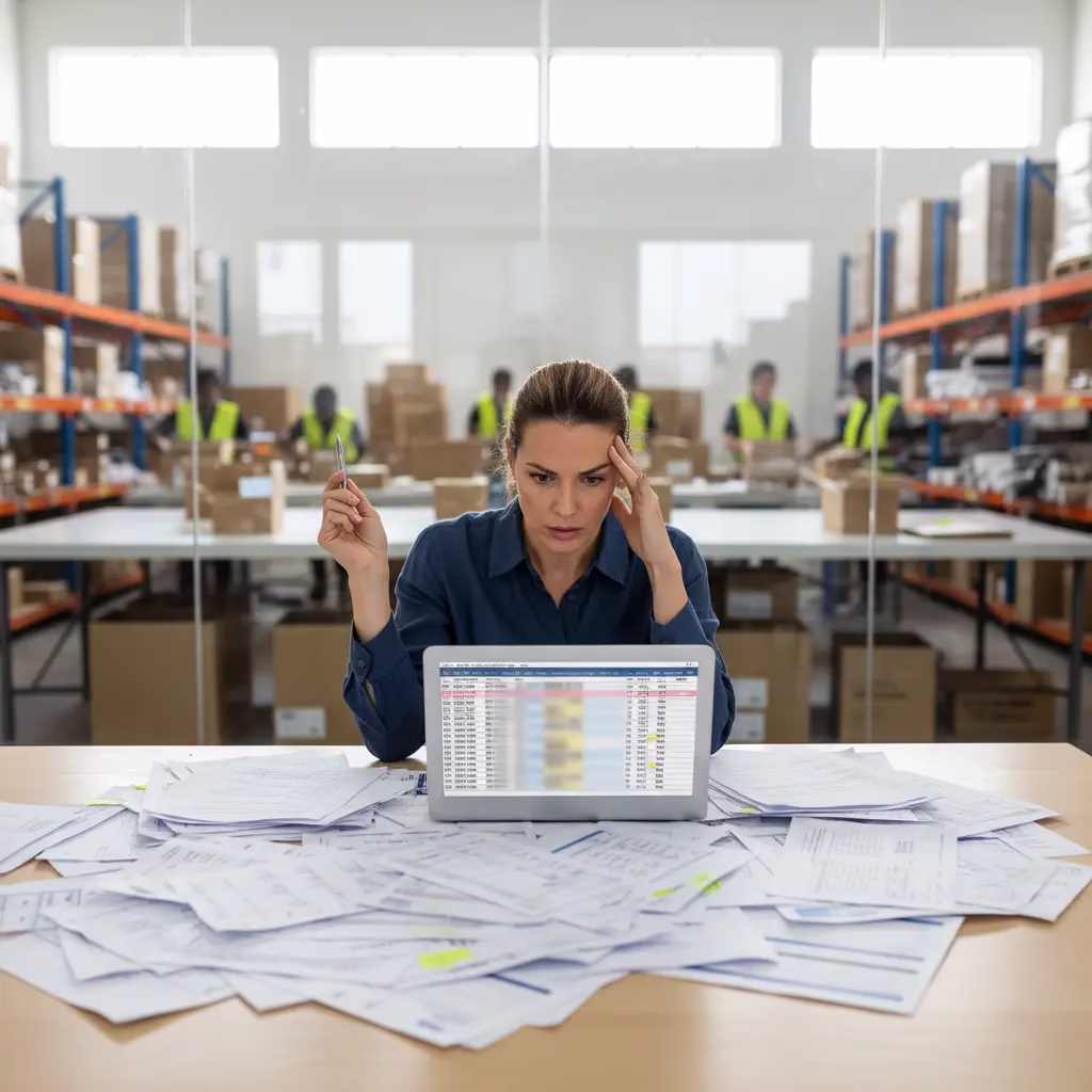 Fashion operations manager reviewing inventory spreadsheets while warehouse fulfills orders