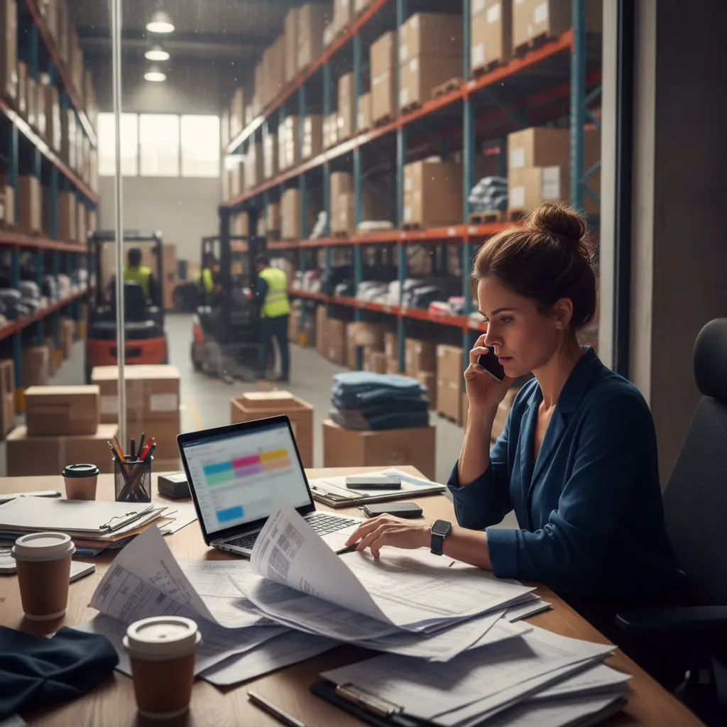 Fashion wholesale sales manager checking spreadsheets while handling a buyer call