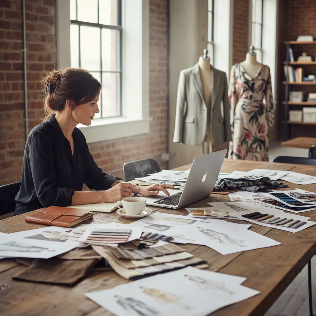 Fashion buyer reviewing purchase order plans with fabric samples and sketches