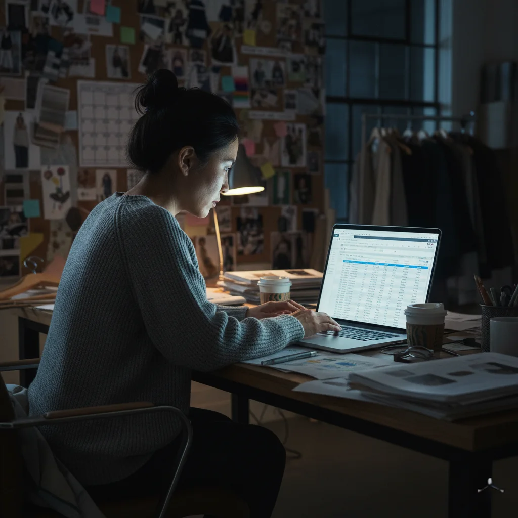 Fashion operations manager working late on inventory spreadsheets