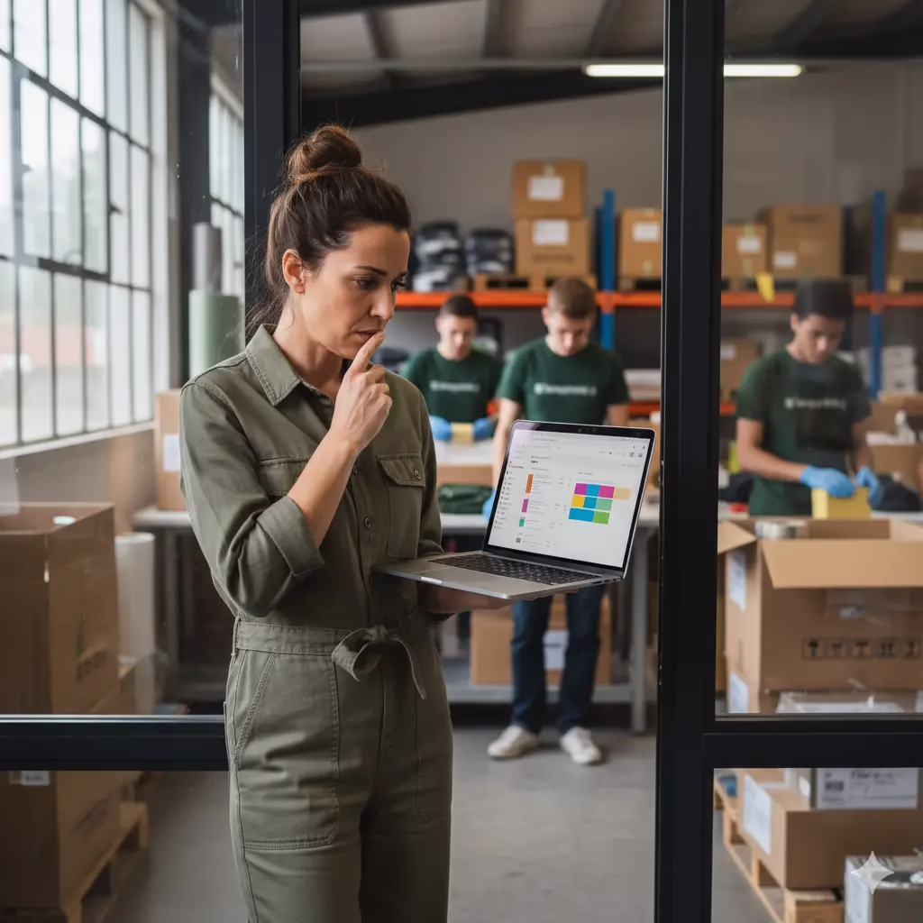 Fashion operations manager reviewing Shopify inventory alongside wholesale orders