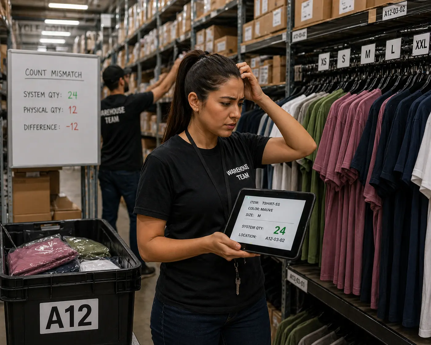 Warehouse worker reconciling inventory mismatch in fashion stock