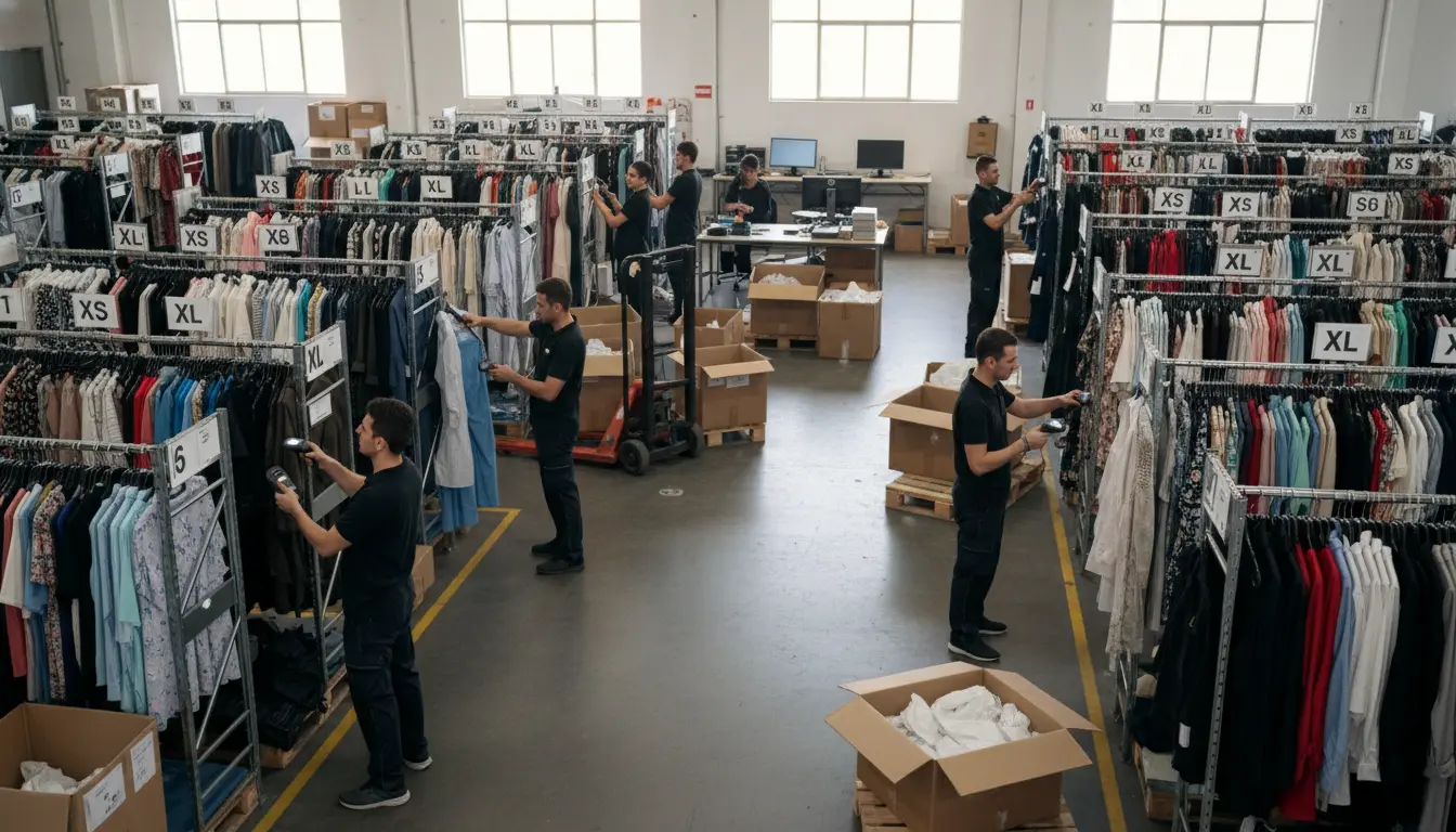 Warehouse staff performing cycle counting on apparel inventory using barcode scanner