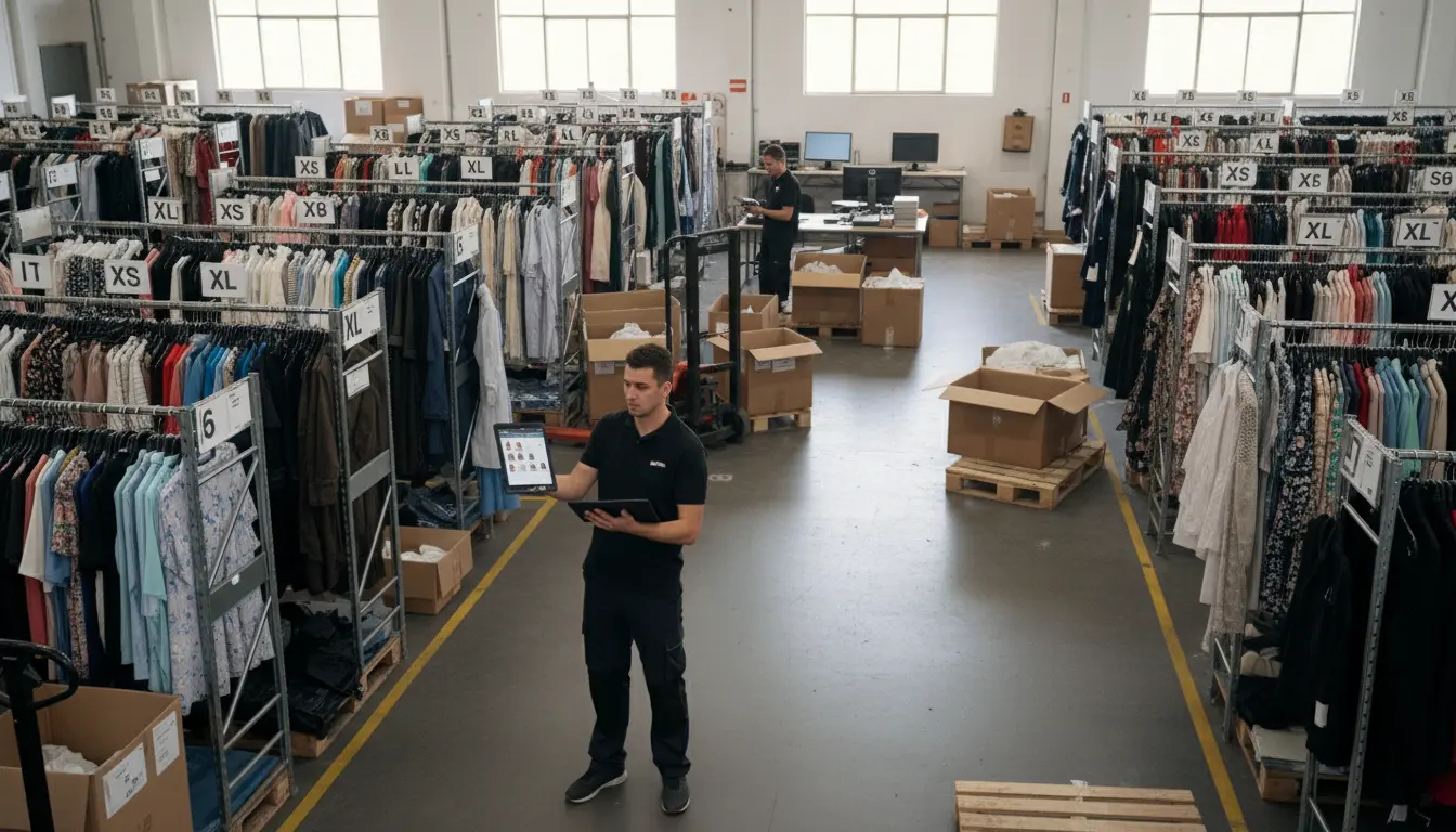Warehouse worker checking mismatch between system inventory and physical apparel stock