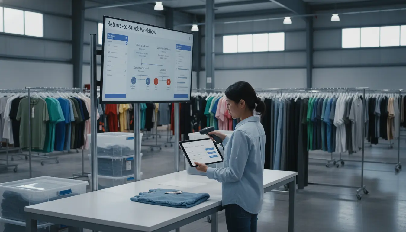 Warehouse staff processing returned apparel and updating inventory records