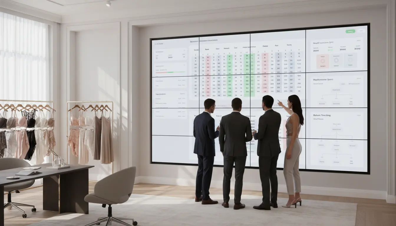 Fashion operations team managing lingerie wholesale inventory and size matrix orders with software dashboard