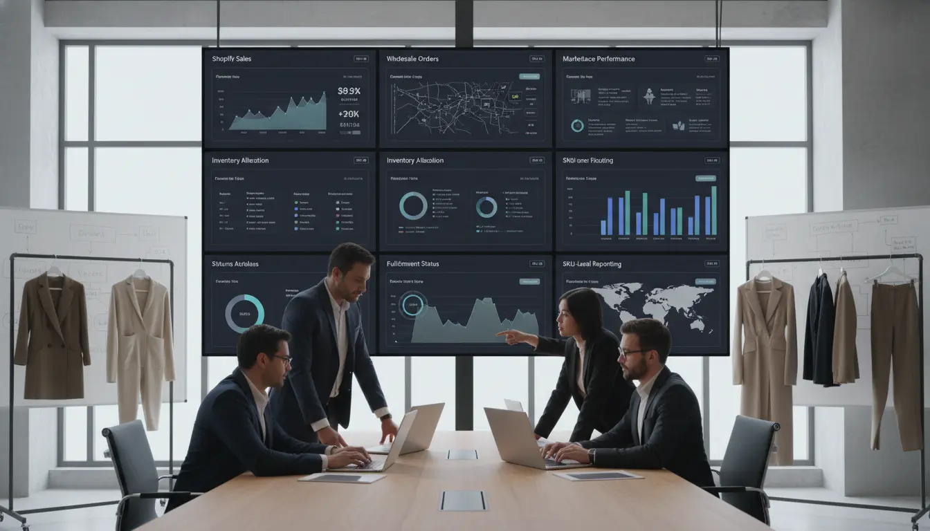 Fashion operations team analyzing Shopify, wholesale, and marketplace sales data in a unified dashboard