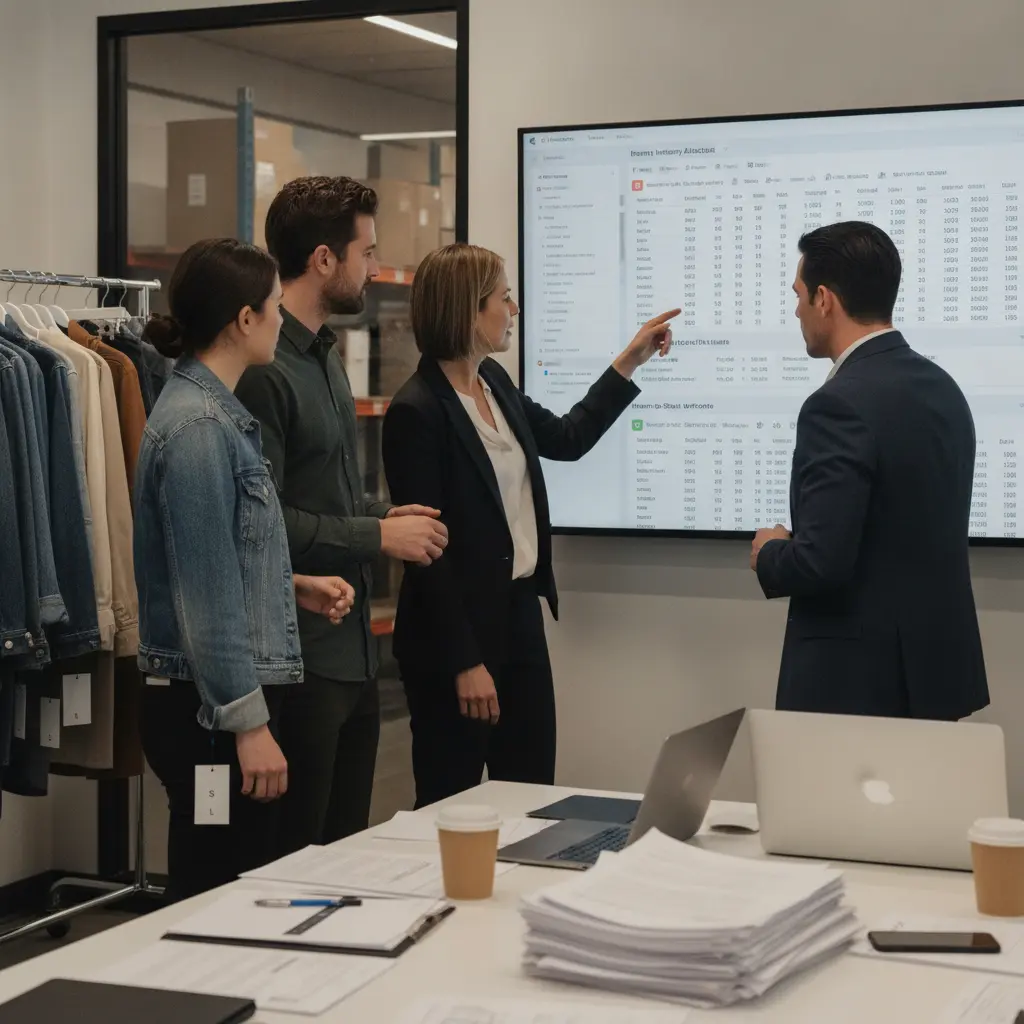 Fashion operations managers reviewing inventory allocation across Shopify, wholesale accounts, and warehouse stock
