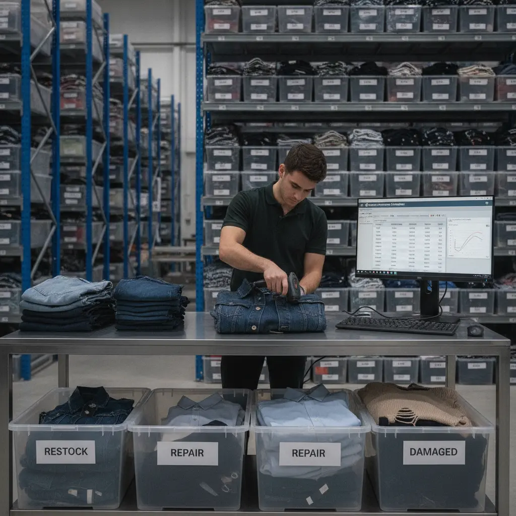 Warehouse employee processing returned apparel items through a return-to-restock workflow in a fashion fulfillment center