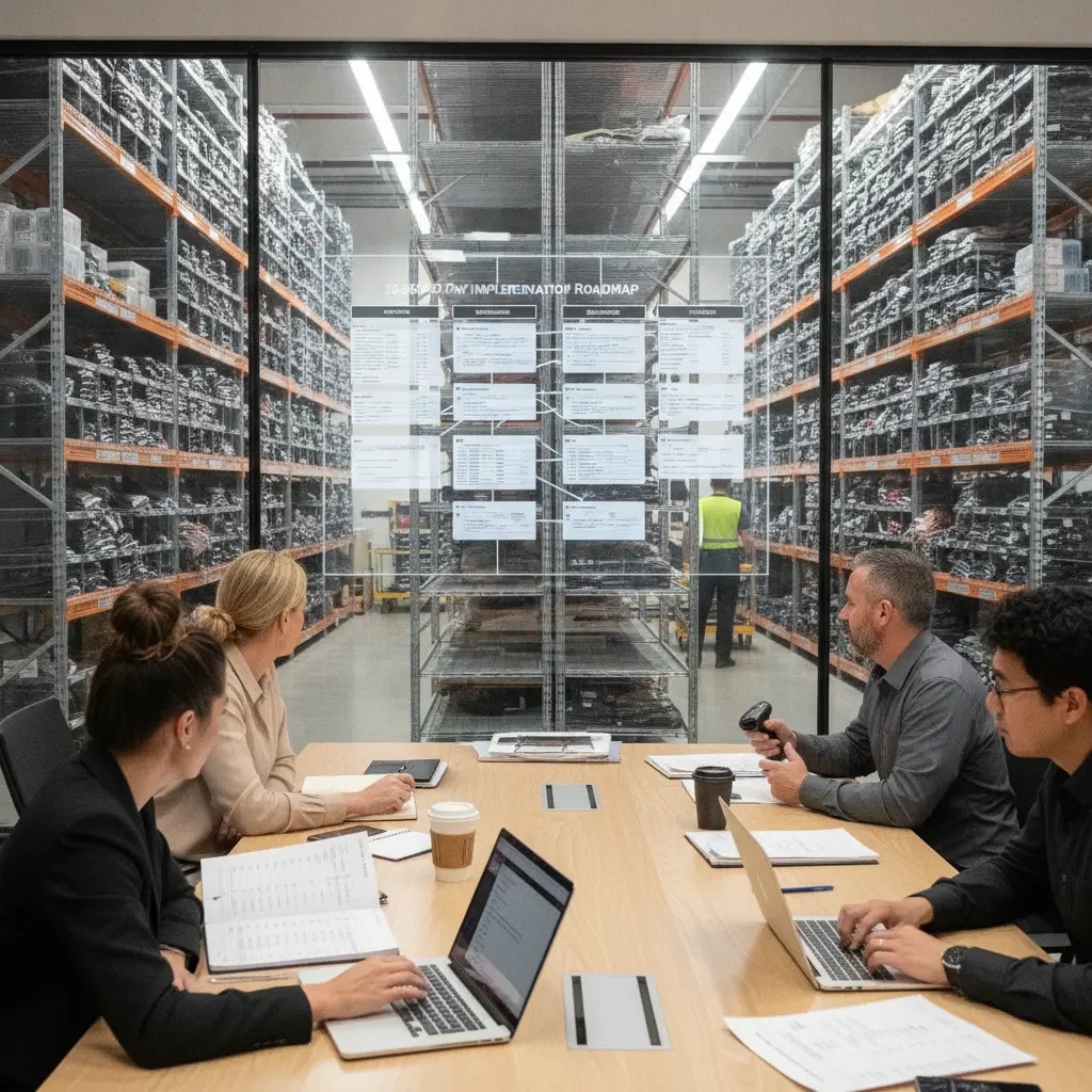 Fashion operations team reviewing a 30-60-90 day inventory software implementation plan with warehouse and ecommerce workflows