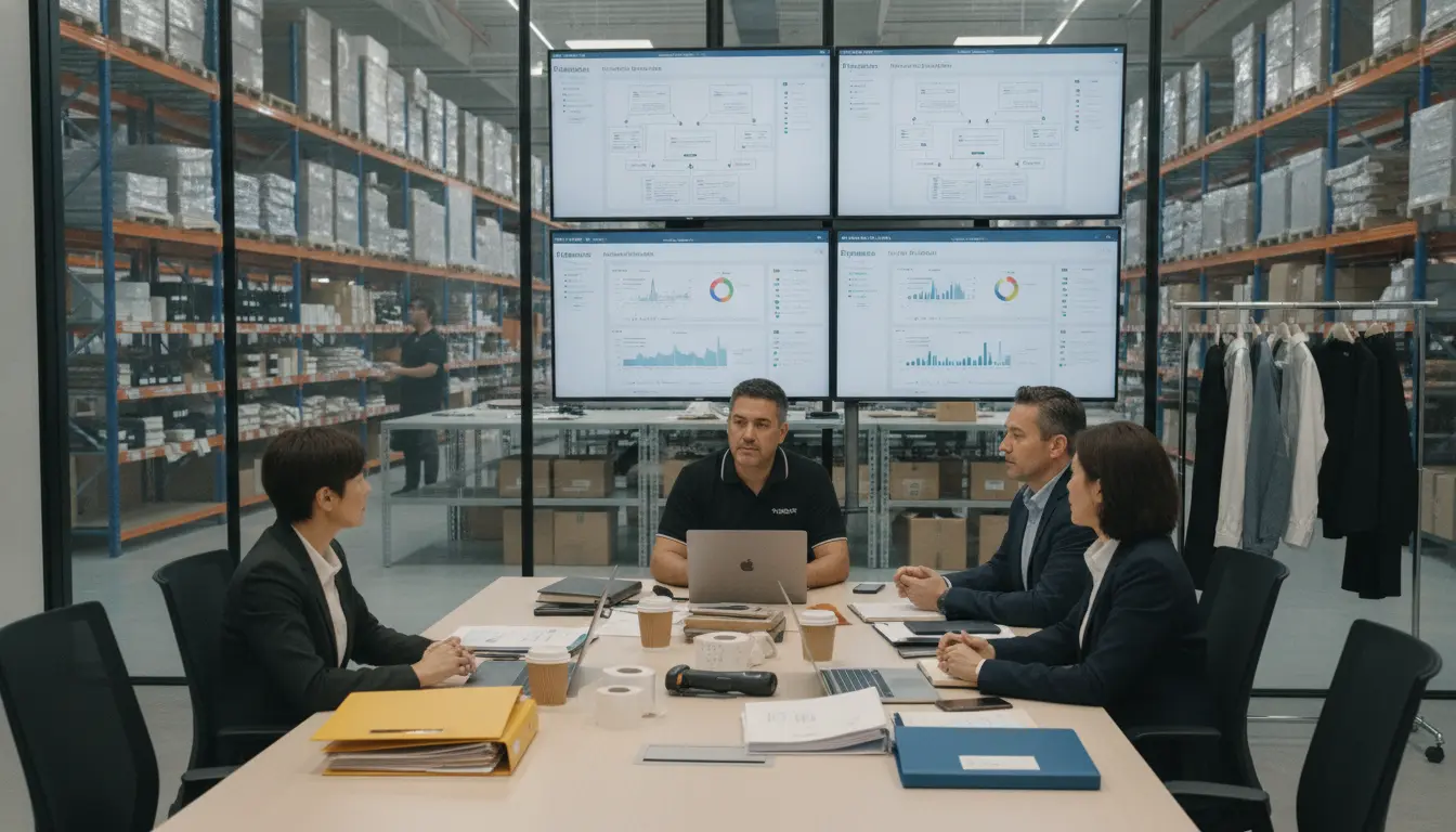 Fashion operations team analyzing inventory overselling costs across ecommerce, wholesale, and warehouse systems