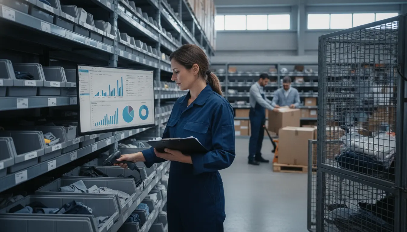 Fashion warehouse manager checking apparel inventory during a receiving, picking, and returns control review