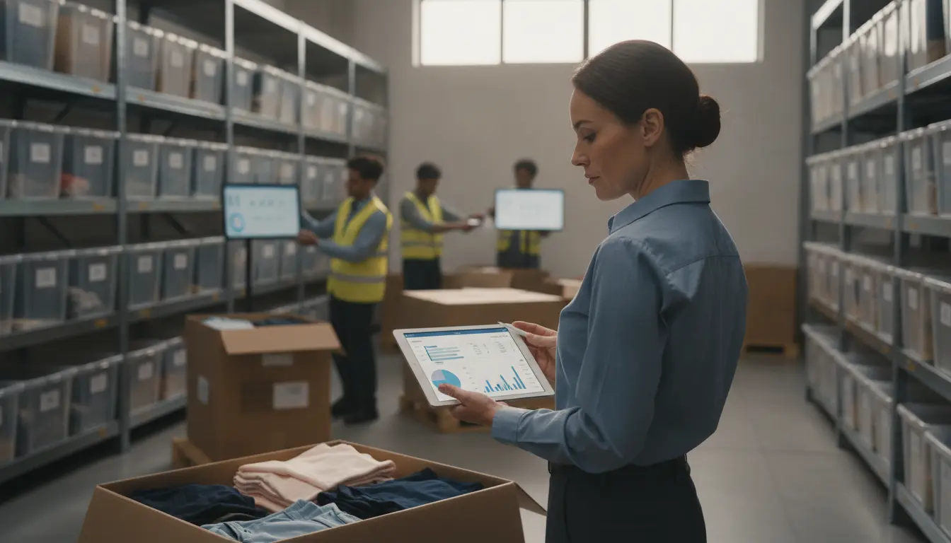 Fashion warehouse team checking wholesale apparel order fulfillment and inventory accuracy