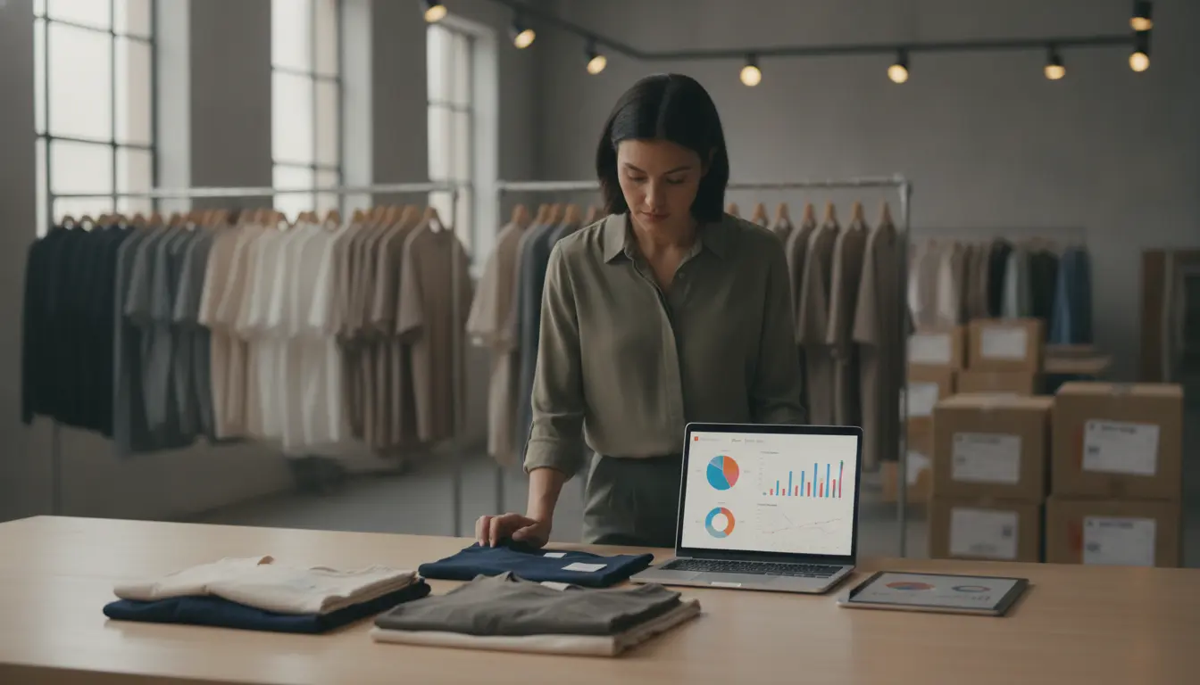 Fashion inventory manager analyzing sell-through across wholesale and DTC apparel channels