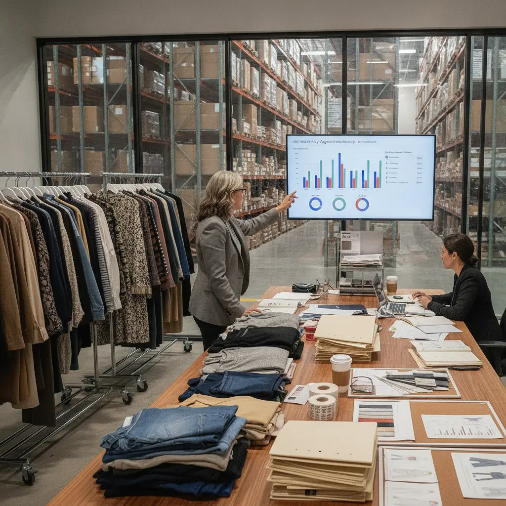 Fashion inventory planner reviewing an inventory aging report with seasonal apparel organized by style, color, and size